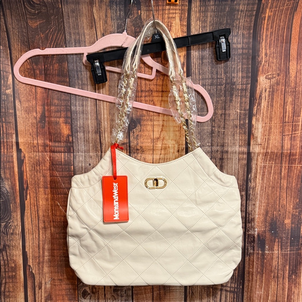 Montana West Cream Quilted Shoulder Bag with Gold Chain Handles